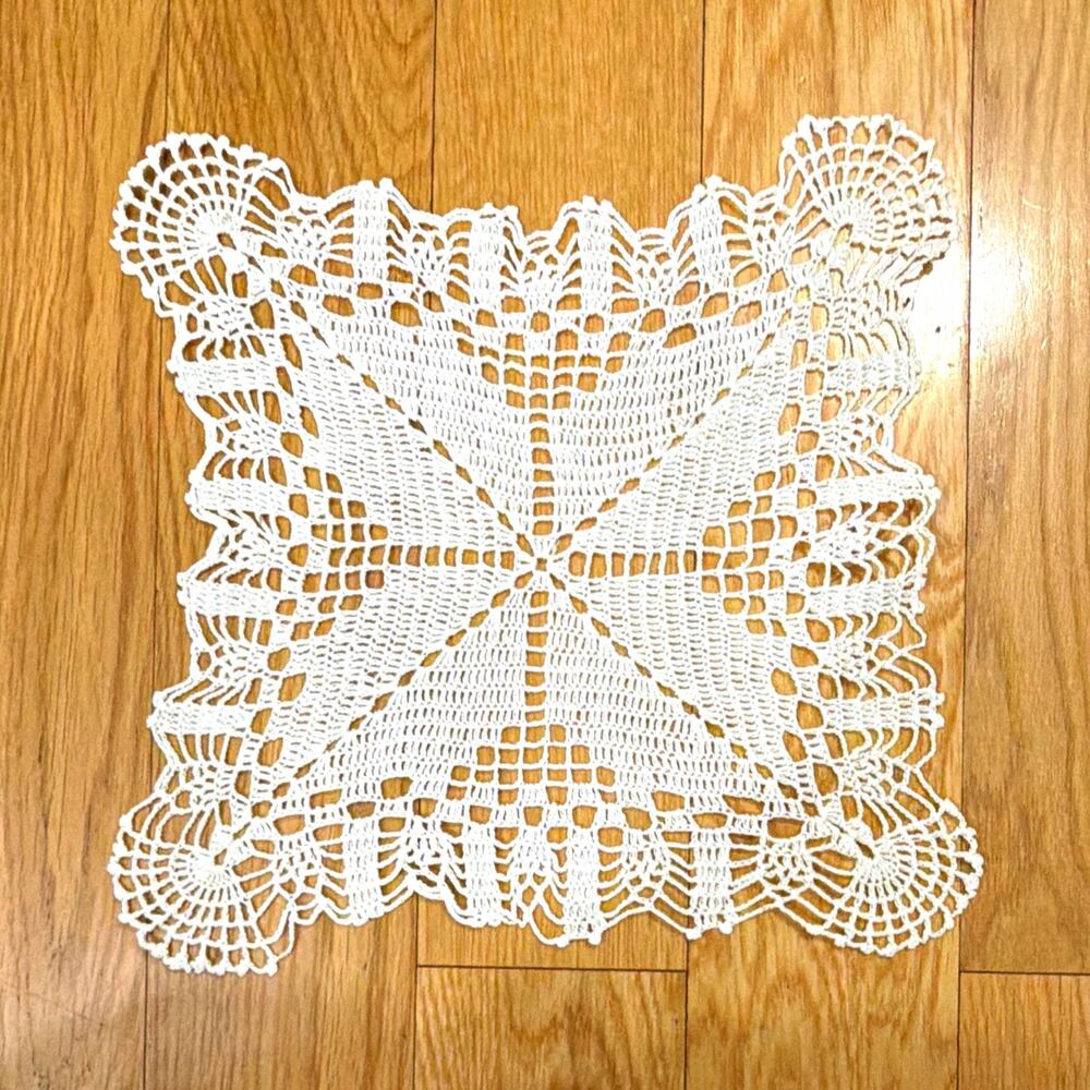 Handmade Hand Crocheted White Square Doily Lace Table Topper Approx 12 in